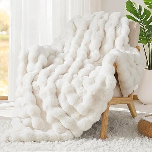 Touchat Luxury 1000GSM Faux Rabbit Fur Throw Blanket, Super Heavy Warm Cozy Blankets for Couch Bed Sofa, Bubble Plush Fuzzy Elegant Soft Reversible Mink Blanket for Living Room Bedroom, Cream White thumbnail 3
