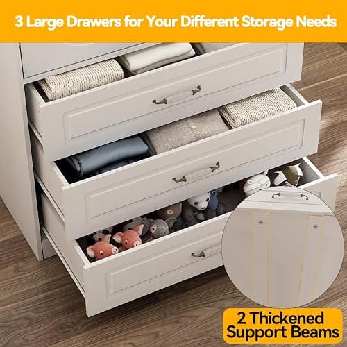 FJTJBSI Armoire Wardrobe Closet with 3 Drawers and LED Light 72" Wooden Bedroom Armoire with 2 Doors and Retro Ceramic Door Handles Modern Wardrobe Cabinet with Removable Hanging Rod White thumbnail 6