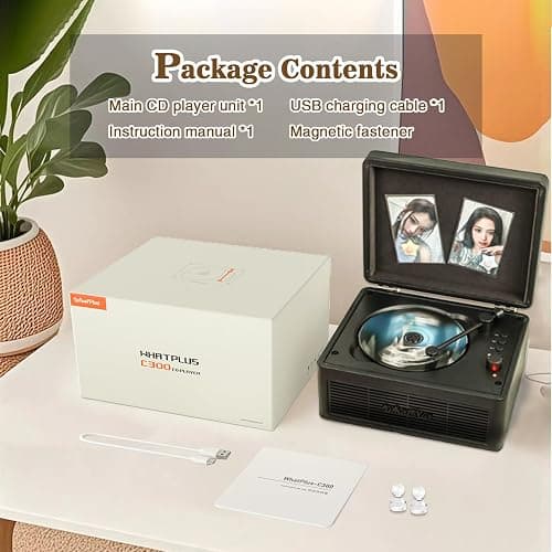 WhatPlus Portable CD Player with Bluetooth 5.2, Rechargeable Battery & Built-in Speakers – Hi-Fi Retro Suitcase Design for Home Decor, AUX/TF Card Support – Ideal Gift (Black) thumbnail 7