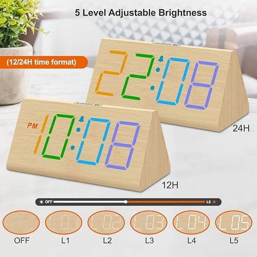 DreamSky Wooden Digital Alarm Clock for Bedroom - RGB Electric Desk Clock with Large Numbers, USB Port, Loud Alarm for Heavy Sleepers, Dimmer and Volume Control, Snooze, Wood Décor, Adapter Powered thumbnail 2