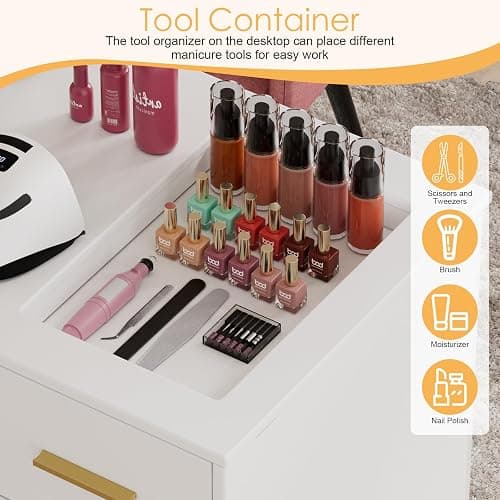 PAKASEPT Manicure Table Nail Desk for Nail Tech, Nail Desk w/Dust Collector, Nail Supplies Decor Workstation with 2 Dust Bags, Storage Drawers & Cabinets thumbnail 4