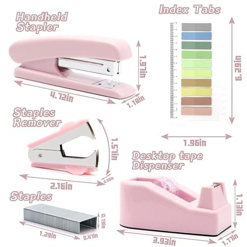 Pink Office Supplies, UPIHO Pink Desk Accessories, Stapler and Tape Dispenser Set for Women with Stapler, Tape Dispenser, Staple Remover, Staples, Clips, Scissor and Tabs,Gift for Students, Coworkers thumbnail 3