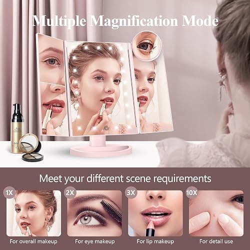 HUONUL Makeup Mirror Vanity Mirror with Lights, 2X 3X 10X Magnification, Lighted Makeup Mirror, Touch Control, Trifold Makeup Mirror, Dual Power Supply, Portable LED Makeup Mirror, Women Gift (Pink) thumbnail 4