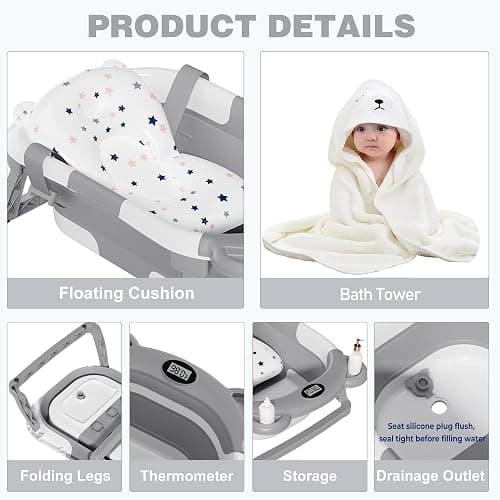MoreFeel Collapsible Baby Bathtub for Newborn with Thermometer & 1 Hooded Towel & 1 Soft Floating Cushion,Portable Travel Bathtub with Drain Hole, Durable Foldable Baby Tubs for Infants to Toddler thumbnail 6