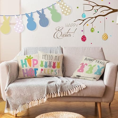 Easter Pillow Covers 18x18 Inch Set of 4PCS Easter Decorations Bunny Truck Hello Peeps Hip Hop Spring Farmhouse Throw Pillows Cover for Home Decor Easter Decorative thumbnail 7