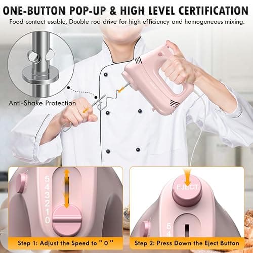 GUALIU Electric Hand Mixer with Stainless Steel Whisk, Dough Hook Attachment and Storage Bag, Handheld Mixer for Baking Cakes, Eggs, Cream Food Mixers. Turbo Boost /5 Speed Kitchen Blender PINK thumbnail 7
