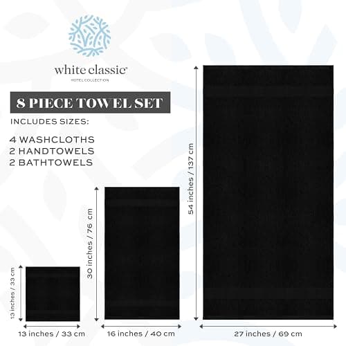 White Classic Luxury Bath Towel Set of 8 Pieces - 100% Turkish Cotton Highly Absorbent Towels for Bathroom, 2 Luxury Bath Towels 700GSM, 2 Hand Towels, 4 Washcloths, Black thumbnail 3