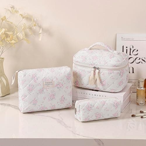 uekeboag Large Travel Quilted Makeup Bag for Women, Floral Cotton Cosmetic Bag, Coquette Aesthetic Floral Toiletry Organizer Bag thumbnail 3