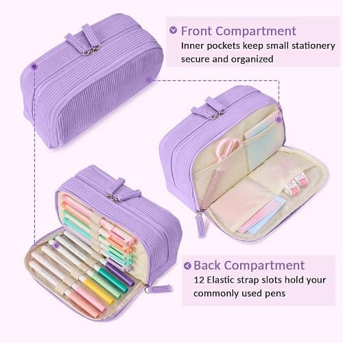 Sooez Big Capacity Pencil Case Pen Pouch, Soft Corduroy Pencil Bag with 3 Compartment, Multiple Pockets, Sturdy Zipper, Cute School Supplies Pen Bag Organizer For Teen Girls College, Beige - Beige thumbnail 5