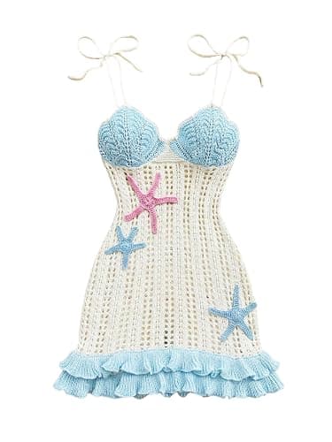 Floerns Women's Starfish Tie Shoulder Sweater Dress Layered Ruffle Beach Mini Dresses - Image 1