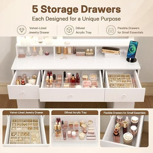ZIMASYA 45" Large Makeup Vanitys with Mirror & Lights,Big Vanity Desk with 2 Side Shelves & Adjustable Brightness 3 Color Crystal Sparkle LED,Charging Station,26 Storage Areas for Girls Women White thumbnail 3