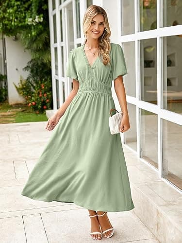 Simplee Women's Summer Flowy Midi Dress Casual V Neck Short Sleeve Empire Waist Boho Beach Wedding Guest Dresses thumbnail 4