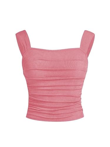 OYOANGLE Girl's Sleeveless Square Neck Wide Straps Ruched Tank Top Solid Slim Fit Crop Tops - Image 1