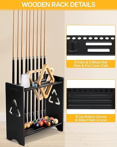 EXTCCT Pool Stick Holder Floor Stand- Billiards Pool Cue Rack Oak Solid Wooden Holds 9 Cues and Pool Table Accessories Organizer with Chalk Cone Holder for Game Room Club or Men Cave thumbnail 5