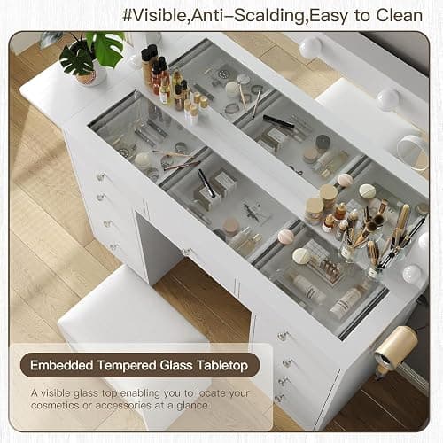 Vanity Desk with Power Outlet, 9 Drawers Makeup Vanity with Mirror and 12 LED Lights, 3 Lighting Modes, Glass Top Vanity Set, Fold-up Panel, Dressing Table for Bedroom thumbnail 5