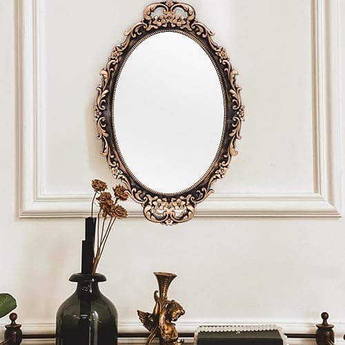 Tstarer Vintage Decorative Gold Framed Mirror, Wall Hanging Mirrors & Tabletop Tray for Bedroom Living Room Dresser Decor, Oval- 9.6" W x 14.3" L (Bronze) thumbnail 2