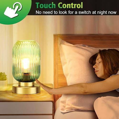 LEDIKON Mid Century Modern Table Lamp, Touch Control & 3 Way Dimmable, Green Glass, Small Gold, Vintage Bedside Lamp for Bedroom, Living Room,Office (Bulb Included) thumbnail 2