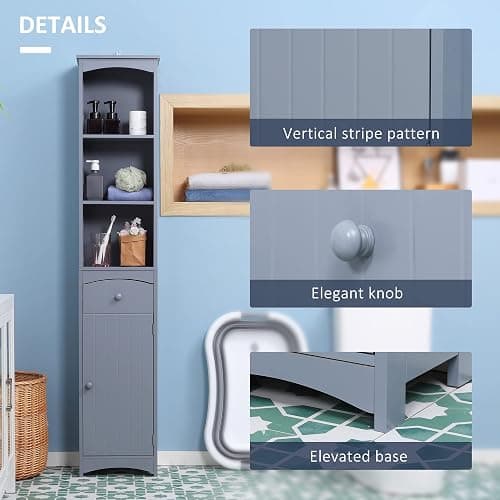 💜HOMCOM Bathroom Storage Cabinet, Free Standing Bathroom Storage Unit, Tall Linen Tower with 3-Tier Shelves and Drawer, Grey thumbnail 5