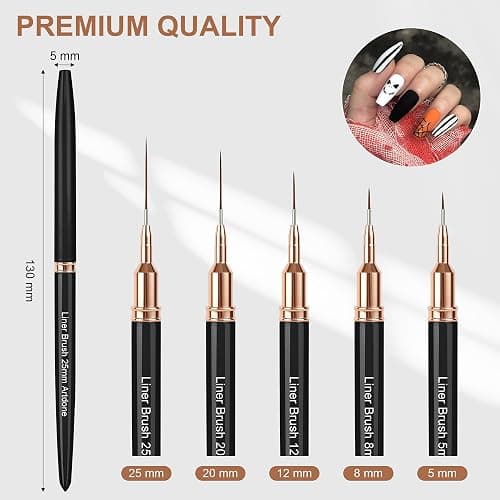 Artdone Metallic Nail Art Pens, Liner Brushes Set, 5PCS Black Color Nail Tools For Long Lines, Thin Details, Fine Drawing, Liner Brush UV Gel Polish Painting Nail Design Sizes 5/8/12/20/25mm thumbnail 2
