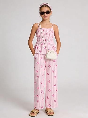 Cakaner Tween Girls Clothes Summer 2 Piece Outfit Set Ruffle Cami Top Wide Leg Pants with Pockets Size 8-13 thumbnail 2