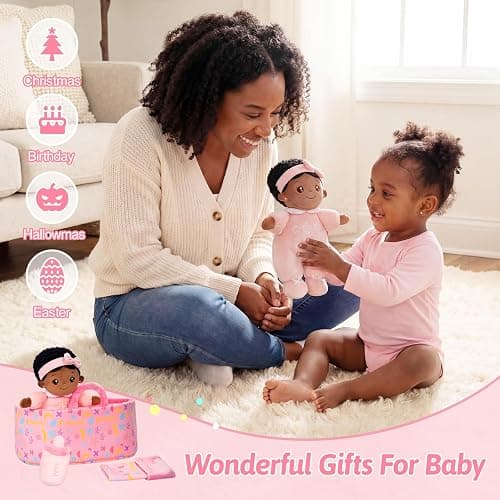 OUOZZZ Baby Doll Accessories with Black Doll, Bassinet, Blanket and Bottle | Interactive Pretend Playset for Social Emotional Learning, Educational Toy for 2 Year Old Girls thumbnail 6