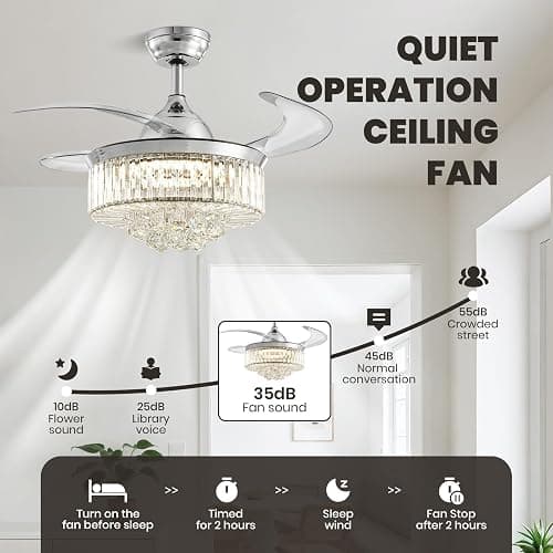 36" Fandelier, Crystal Ceiling Fan with Lights and Remote, Invisible Retractable Dimmable Chandelier Fan, 6-Speed Reversible Timer Ceiling Fan Light Kit for Bedroom Living Room Dining Room-Chrome thumbnail 5