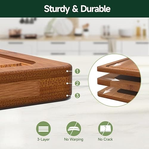 Zeawec 3-Piece Set Bamboo Cutting Board for Kitchen - Crack-Resistant Wood Chopping Boards with Deep Juice Grooves, Pre-Oiled Butcher Block for Meat, Vegetables & Cheese, Carbonized thumbnail 4