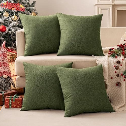 MIULEE Pack of 2 Decorative Outdoor Solid Waterproof Throw Pillow Covers Christmas Faux Linen Garden Farmhouse Cushion Cases for Patio Tent Balcony Couch Sofa 18x18 Inch Dark Green thumbnail 5