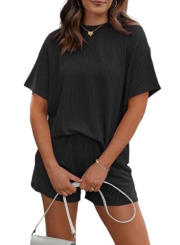 RUBZOOF 2 Piece Sets for Women Summer Outfits Lounge Sets | Ribbed Textured Knit Two Piece Short Sets, Short Sleeve Crewneck Matching Sets, Casual Fashion Vacation Travel Outfits - Image 1