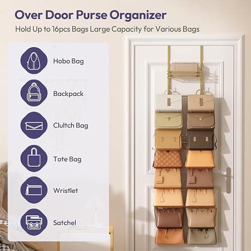 SWTYMIKI Over the Door Purse Organizer - Wall Mounted Handbag Organizer with 16 Hooks and Metal Basket, Hanging Purse Storage Rack Holds up to 16 Bags, Bag Rack Can Use As 1/2 Part, for Door, Closet thumbnail 6