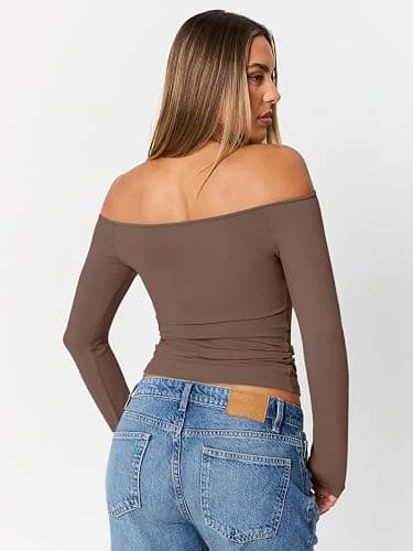 Trendy Queen Womens Long Sleeve Off The Shoulder Tops Going Out Cute Basic Y2K Fall Fashion 2025 Outfits Clothes thumbnail 6
