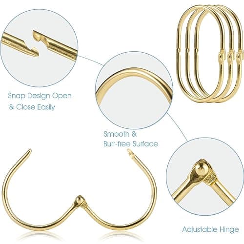 Goowin Shower Curtain Rings, 12 Pcs Shower Curtain Hooks, Oval Snap Shower Rings for Curtain, Metal Gold Shower Curtain Rings Rust Proof, Glide Smoothly Shower Hooks for Shower Curtain Rod (Gold) thumbnail 5