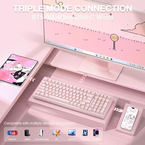AULA F99 Wireless Mechanical Keyboard-Silent Version,Tri-Mode(BT5.0/2.4GHz/USB-C),Gasket Structure,Hot Swappable Mechanical Keyboard with Pre-lubed Linear Switches,RGB Backlit PC Gaming Keyboards,Pink thumbnail 3