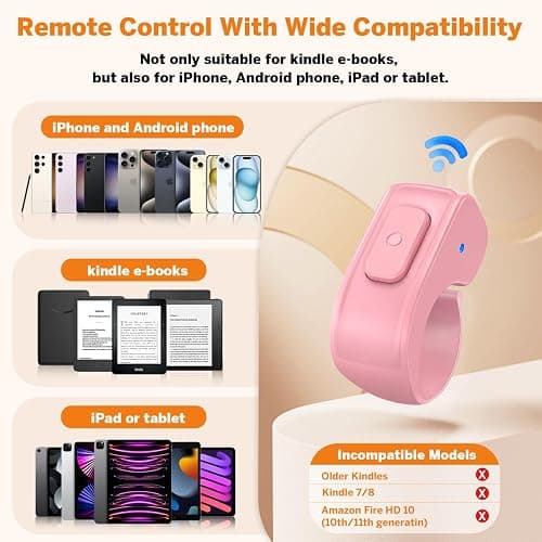 Page Turner Ring for Kindle,Remote Control for iPhone iPad Android Tablets E-Readers,Clicker Page Turner for Kindle Accessories for Camera Video Record&Shutter Selfie (Pink) thumbnail 7