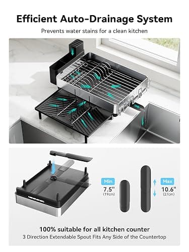SUNLY Large Dish Drying Rack, Expandable Dish Racks for Kitchen Counter, Space Saving 304 Stainless Steel Drying Rack Kitchen, Extra Large Drainer with Multifunctional Flip Up Pegs, Black thumbnail 7