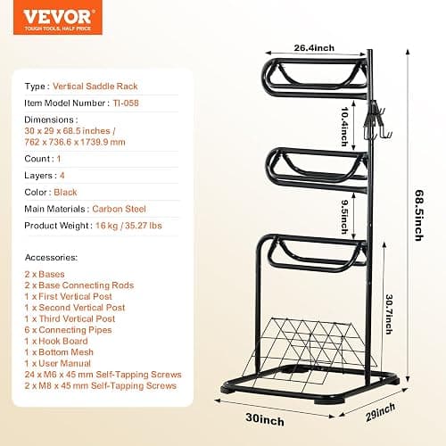 VEVOR Freestanding Saddle Stand, 30 x 30 x 68.5 in, 3 Tiers Saddle Rack, Heavy Duty Saddle Blanket Holder with Removable & Rotating Tiers, English & Western Saddle Rack for Tack Room Organization thumbnail 7
