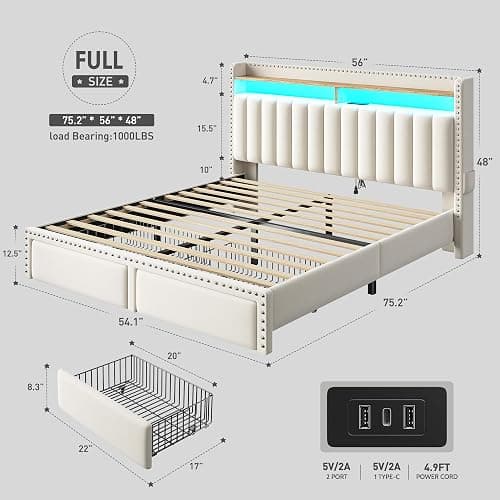 EnHomee Full Size Bed Frame with 2 Drawers, LED & Charging Station, Beige | 2-Tier Storage Headboard, heavy duty 1000lbs wooden slats for bedroom & apartment, noise-Free, Easy Assembly thumbnail 2