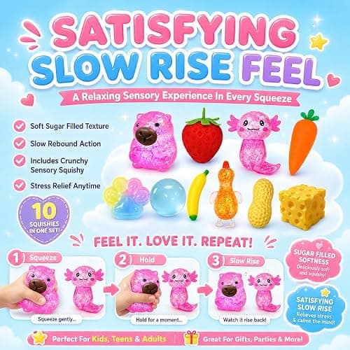 10 Pack Squishy Toys Fidget Squeeze Sugar Filled Squishies Slow Rise Crunchy Set Stress Ball Glitter Color Changing Capybara Axolotl Cheese Duck Strawberry Carrot Banana Coconut Cat Shaped Squishers thumbnail 3