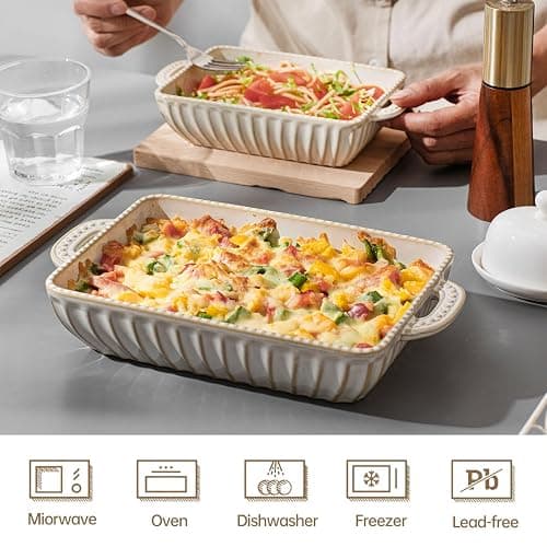 Feenmai Casserole Dish for Oven, Ceramic Baking Dishes Set, Vintage Hobnail Bakeware Sets of 3, Rectangular Baking Pan, Deep Lasagna Pan with Handle for Cake, Wedding Kitchen Gift, 13.77“/11.6"/8.85" thumbnail 5
