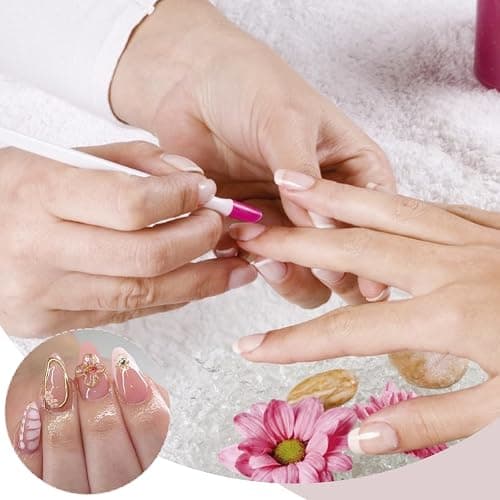Mrltau 24 Pcs Faux Ongles Pression Printemps Court, Couleur Chair Rose, Faux Ongles avec Décoration Fleur 3D Perles, Pointe Française Pleine Couverture thumbnail 6