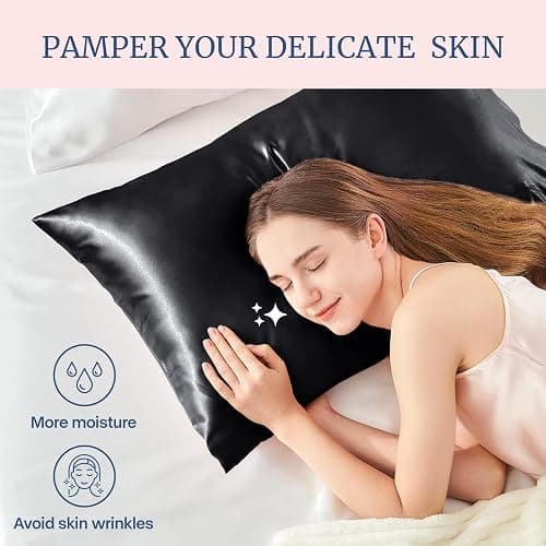 BEDELITE Satin Pillowcase for Hair and Skin, Super Soft and Cooling Similar to Silk Pillow Cases 2 Pack with Envelope Closure, Gift for Women Men(20"x26" Standard Size, Black) thumbnail 5