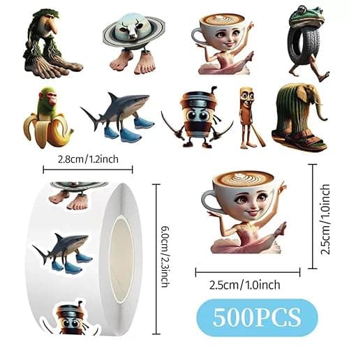 500PCS Small Brainrot Stickers Tung Tung Tung Sahur 1" Tall Tralalero Tralala Italian Brain Rot Sticker for Water Bottle, Laptops, Kids Party Favors thumbnail 3