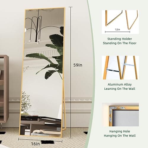 Beauty4U 59" x 16" Tall Full Length Mirror with Stand, Gold Wall Mounting Full Body Mirror, Metal Frame Full-Length Tempered Mirror for Living Room, Bedroom thumbnail 2