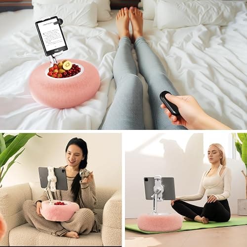 SupeDesk Tablet Stand Pillow - 360° Adjustable Kindle Holder Phone Stand, Soft Plush, Detachable Snack Bowl - Compatible with 4.7"-13" iPad, iPhone, Samsung, Kindle - Pink thumbnail 2