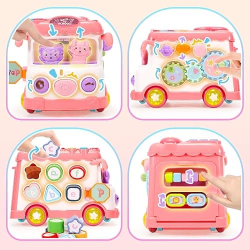 AmiDear Baby Gift for 1-2 Year Old Girl, 10-in-1 Montessori Toys Bus for Baby 6-12-18 Months+, Educational Musical Sensory Learning Toddler Toys Age 1-2, First Christmas and Birthday Gifts Pink thumbnail 4
