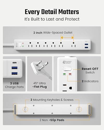 10Ft Extension Cord with Multiple Outlets, SUPERDANNY Flat Plug Surge Protector Power Strip 10 Ft Long Cord, 6 Outlets & 3 USB Ports, Charging Station for Home Office, College Dorm Room Essentials thumbnail 8