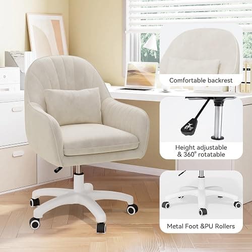 Aivermeil Office Chair, Vanity Swivel Chair,with Velvet Padding pillow,Adjustable Height, for Home Office, Study, Bedroom,150kg Load Capacity Beige thumbnail 6