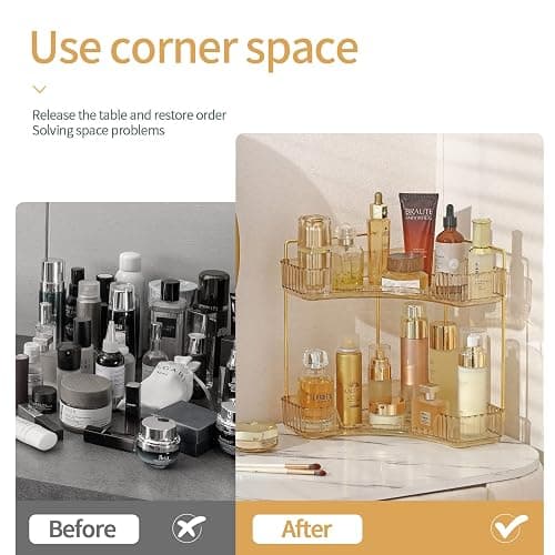 INVSSENE Corner Bathroom Countertop Organizer, Vanity Trays for Counter, Makeup Organizers, Perfume Tray, Kitchen Spice Rack, (Yellow, 2 Tiers) - Yellow - 13.6" x 10" x 15.1" thumbnail 3