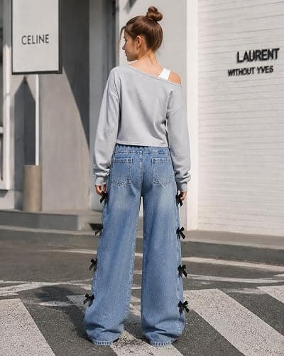 Kxuryueo Tween Girl Outfit One Shoulder Sweatshirt and Wide Leg Jeans Set with Bow & Pockets Size 9-14 thumbnail 3