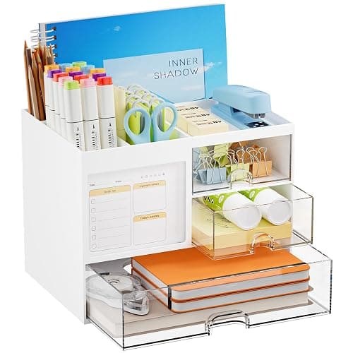 Marbrasse Desk Organizer with 3 Drawer, Multi-Functional Pencil Pen Holder for Desk, Desk Organizers and Accessories with 4 Compartments, Desktop Organizer Storage for Office Home Art Supplies (White) - Image 1